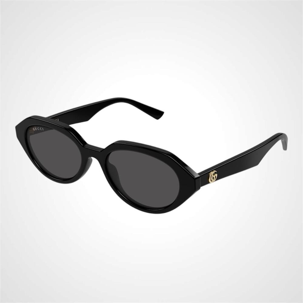 New GUCCI Sunglasses Black Oval Acetate Gold Metal Interlocking GG Logo Womens